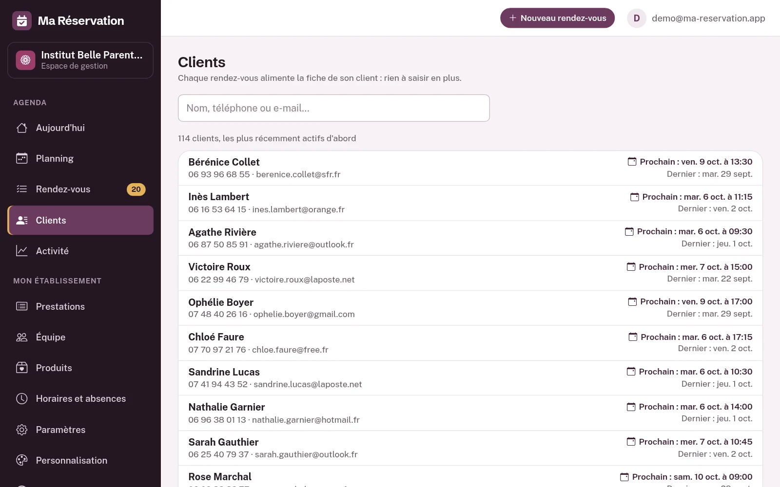 Le fichier clients : la liste des clientes avec leur téléphone, leur adresse et leur dernier rendez-vous.