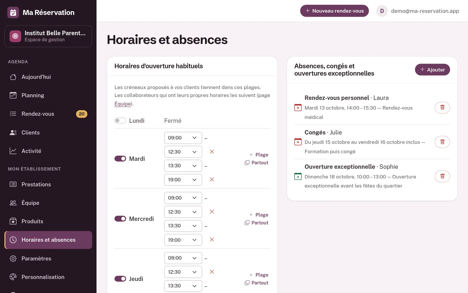La page Horaires et absences : les horaires d'ouverture de chaque jour et la liste des absences et ouvertures exceptionnelles.