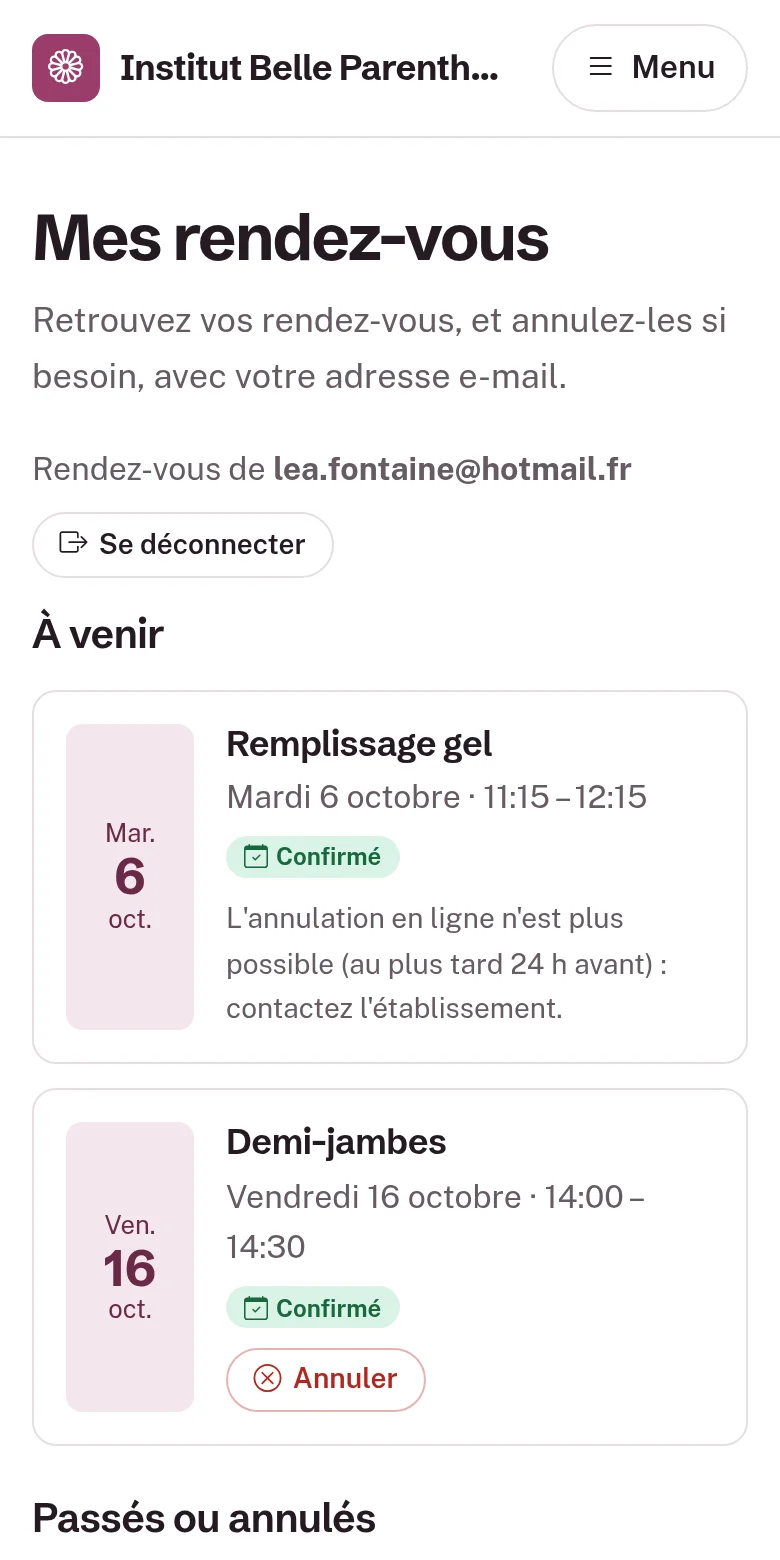 La page « Mes rendez-vous » sur téléphone : le prochain rendez-vous de la cliente et le bouton pour l'annuler.