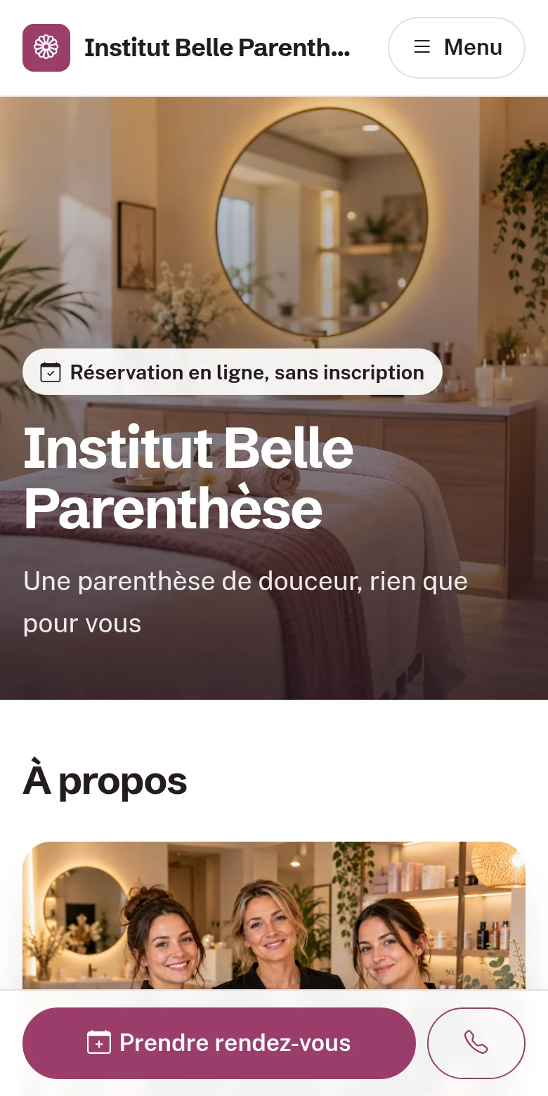 L'espace de l'établissement de démonstration sur téléphone : photo de couverture, nom de l'institut, accroche et bouton Prendre rendez-vous.