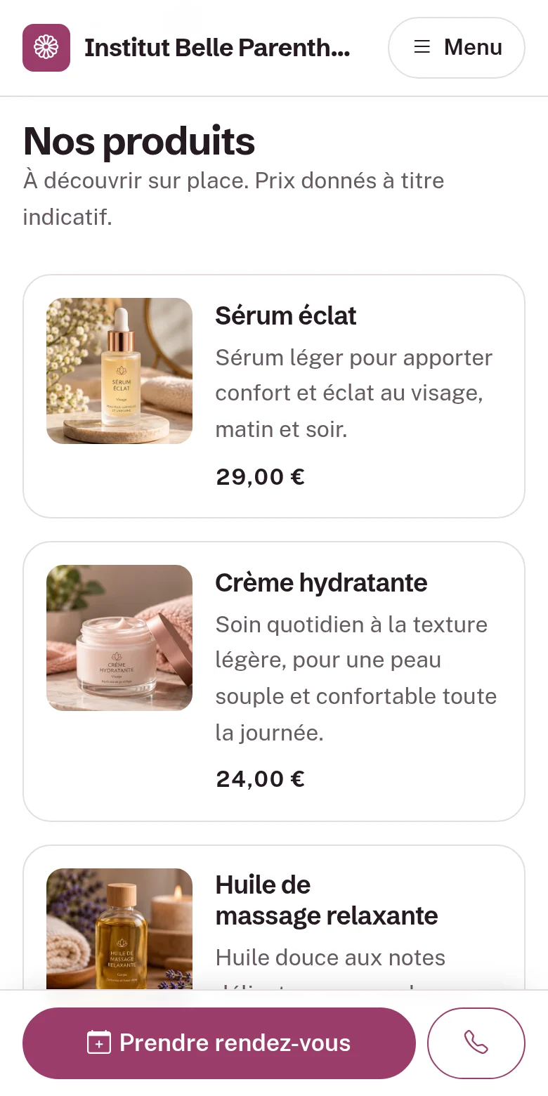La section « Nos produits » sur téléphone : sérum, crème et huile de massage, chacun avec sa photo, sa description et son prix indicatif.