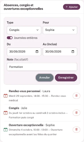 Formulaire d'ajout d'une absence : Type, Pour, interrupteur Journées entières, Du, Au (inclus), Note (facultatif), boutons Annuler et Enregistrer