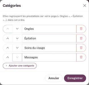 Fenêtre Catégories : Ongles, Épilation, Soins du visage et Massages, chacune avec des flèches, un champ de nom et une corbeille, et le bouton Ajouter une catégorie