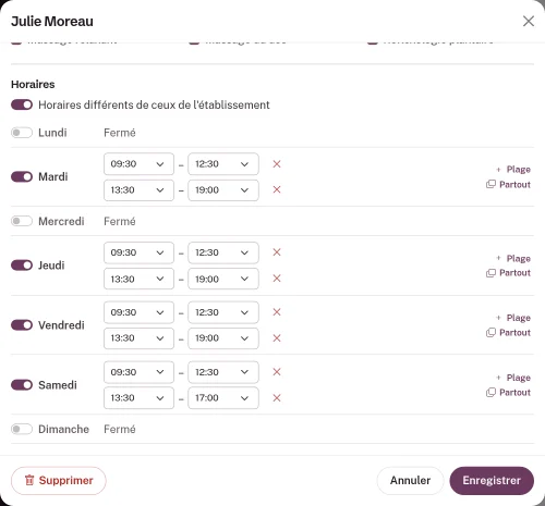 Fiche de Julie défilée jusqu'aux horaires : interrupteur Horaires différents de ceux de l'établissement activé, lundi et mercredi fermés, journées commençant à 9 h 30