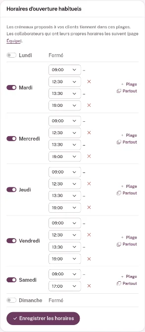 Carte Horaires d'ouverture habituels : un interrupteur par jour, les plages de chaque jour ouvert, les boutons Plage et Partout, et le bouton Enregistrer les horaires