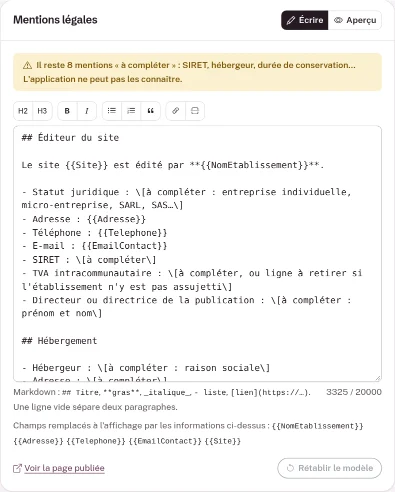 Carte Mentions légales : onglets Écrire et Aperçu, éditeur de texte avec sa barre d'outils, liste des champs remplacés à l'affichage, lien Voir la page publiée et bouton Rétablir le modèle