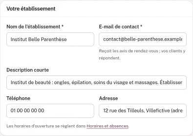 Carte Votre établissement dans Paramètres : Nom de l'établissement, E-mail de contact, Téléphone et Adresse