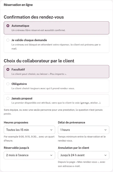 Carte Réservation en ligne des Paramètres : confirmation des rendez-vous, choix du collaborateur par le client, heures proposées, délai de prévenance, réservable jusqu'à, annulation par le client
