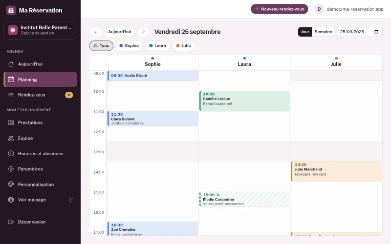 Planning en vue jour : trois colonnes, Sophie, Laura et Julie, chacune avec ses rendez-vous