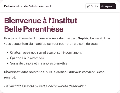 Carte Présentation de l'établissement, onglet Aperçu : le texte mis en forme aux couleurs de l'établissement