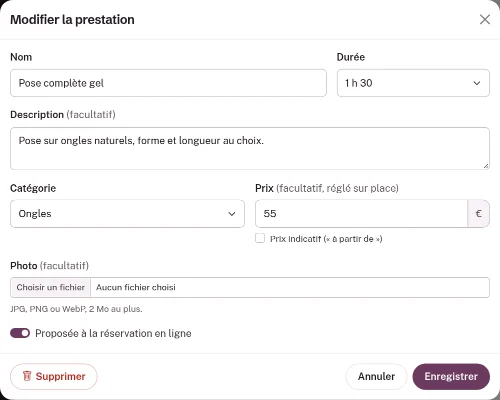 Fenêtre d'édition d'une prestation : Nom, Durée, Description, Catégorie, Prix avec la case Prix indicatif, Photo et l'interrupteur Proposée à la réservation en ligne