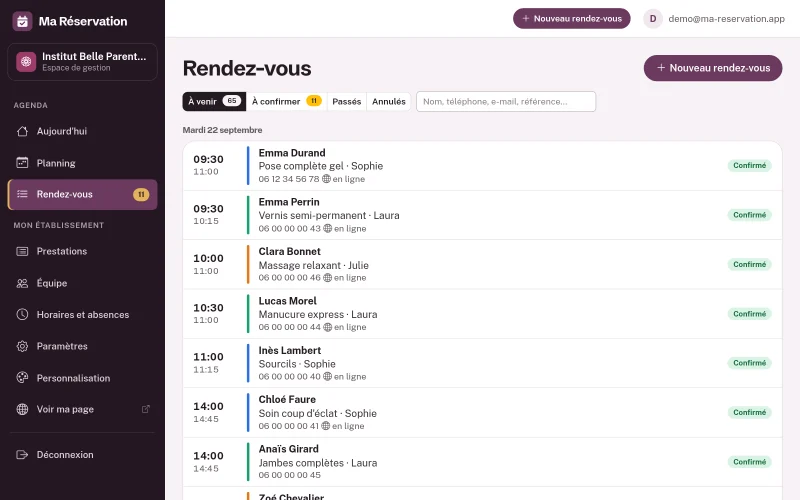 Page Rendez-vous : onglets À venir, À confirmer, Passés, Annulés, champ de recherche et rendez-vous groupés par jour