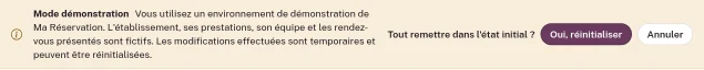 Bandeau de démonstration dans l'espace de gestion, avec la question Tout remettre dans l'état initial ? et les boutons Oui, réinitialiser et Annuler