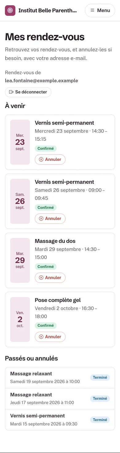 Liste Mes rendez-vous sur un téléphone, avec le bouton Annuler sous un rendez-vous à venir