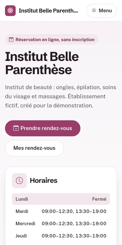 La même page d'accueil sur un téléphone : nom, bouton Prendre rendez-vous, bouton Mes rendez-vous