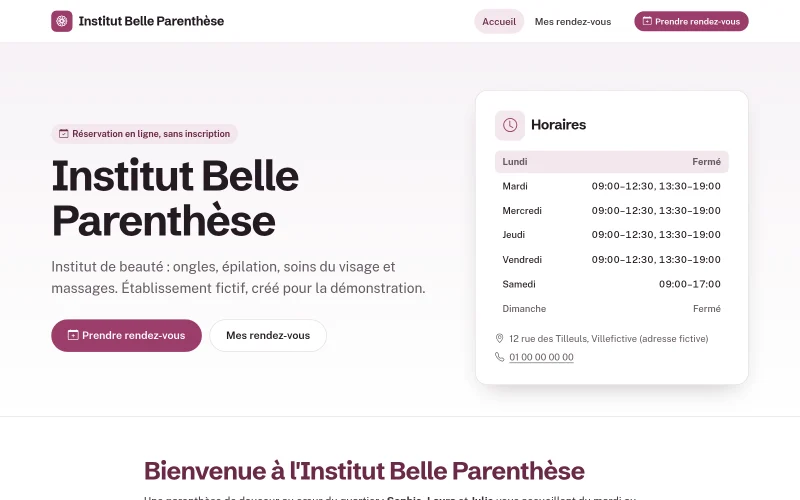 Accueil de la page de réservation : nom de l'établissement, pastille Réservation en ligne sans inscription, boutons Prendre rendez-vous et Mes rendez-vous, carte des horaires, adresse et téléphone