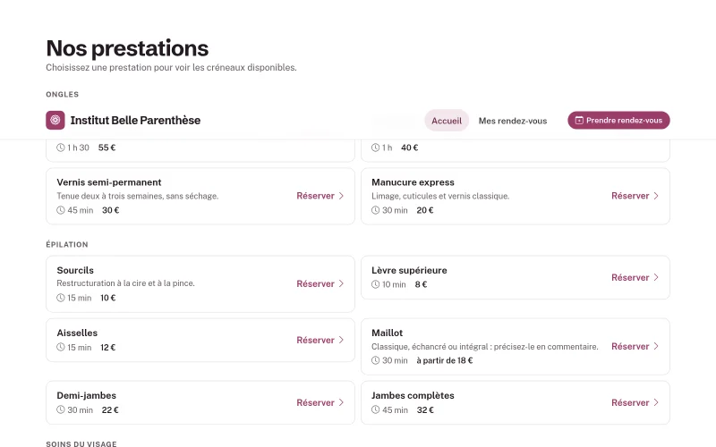 Section Nos prestations de la page de réservation : catégories avec, pour chaque prestation, la durée, le prix (dont « à partir de ») et un lien Réserver