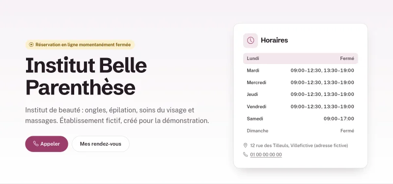 Haut de l'accueil de la page de réservation pendant la suspension : mention momentanément fermée et bouton Appeler