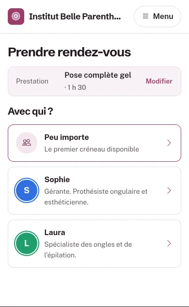 Étape Avec qui sur téléphone : option Peu importe, puis une ligne par collaboratrice avec sa pastille et sa présentation