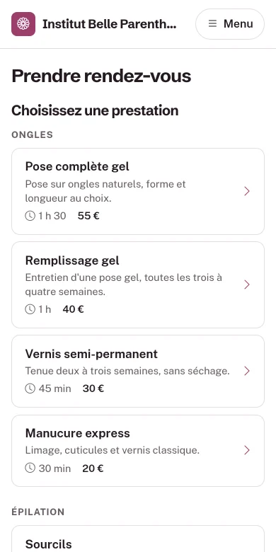 Choix de la prestation sur un téléphone, par catégorie, avec la durée et le prix